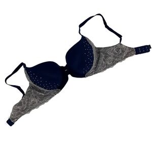 Victoria’s Secret Lined Demi Bra Navy Blue Silver Rhinestone Lace 32D